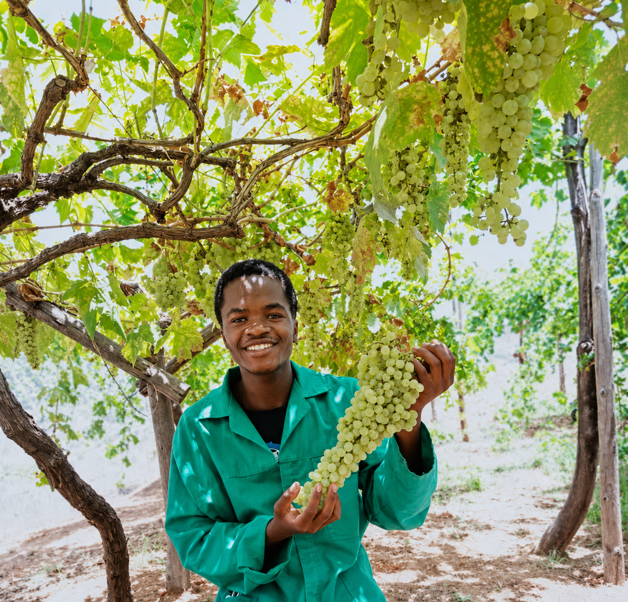 Kgomane Boerdery team member holding table grapes